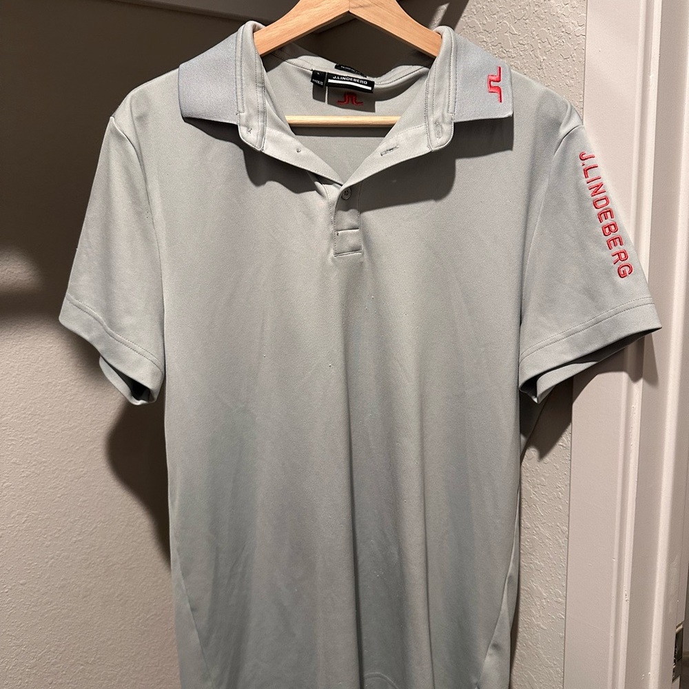 J.Lindeberg Men's Light Gray Polo Shirt with Red Accents